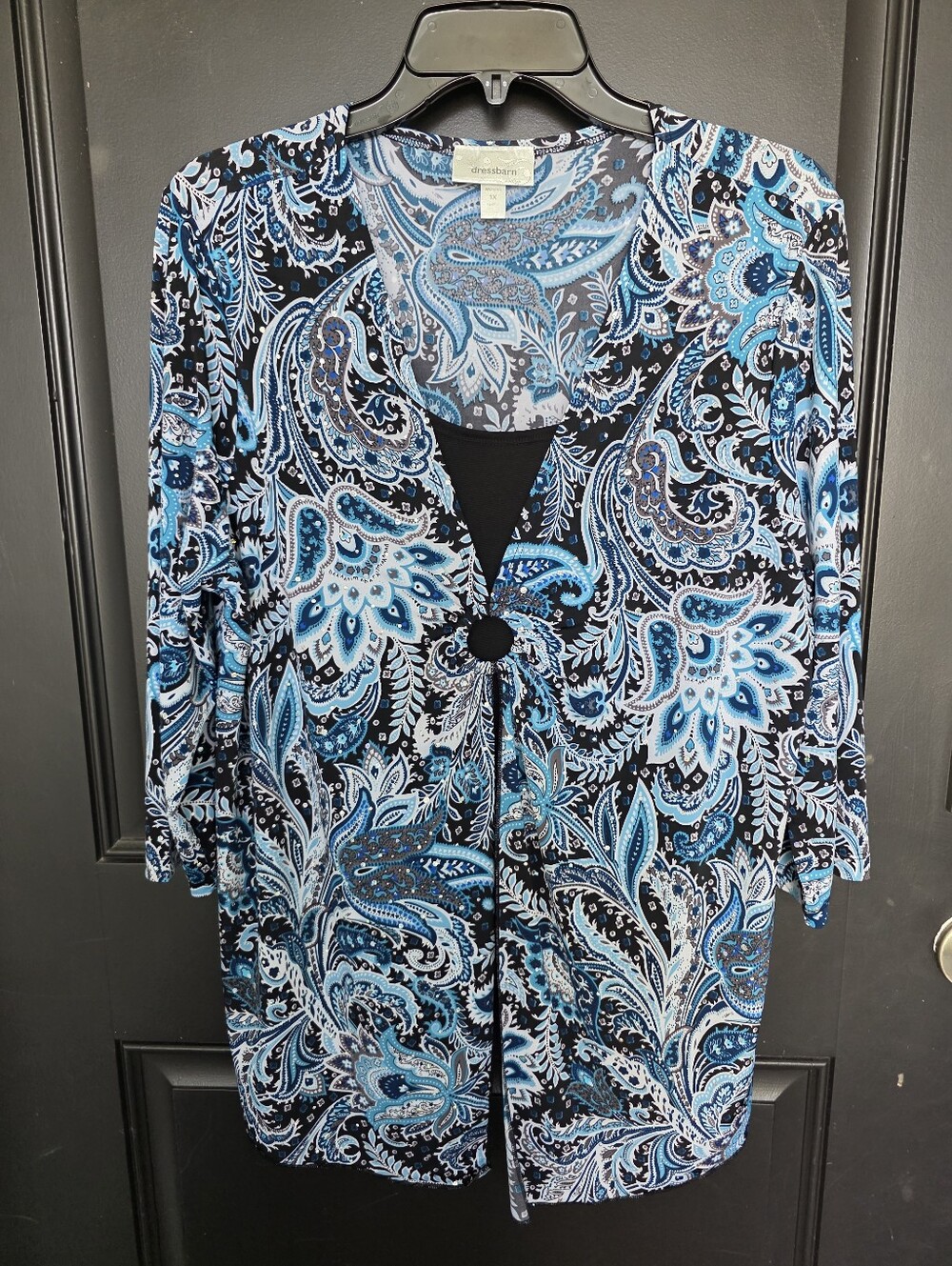DressBarn 1X Blue Paisley Open Front Cardigan Top 3/4 Sleeve Plus Size Lightweig
